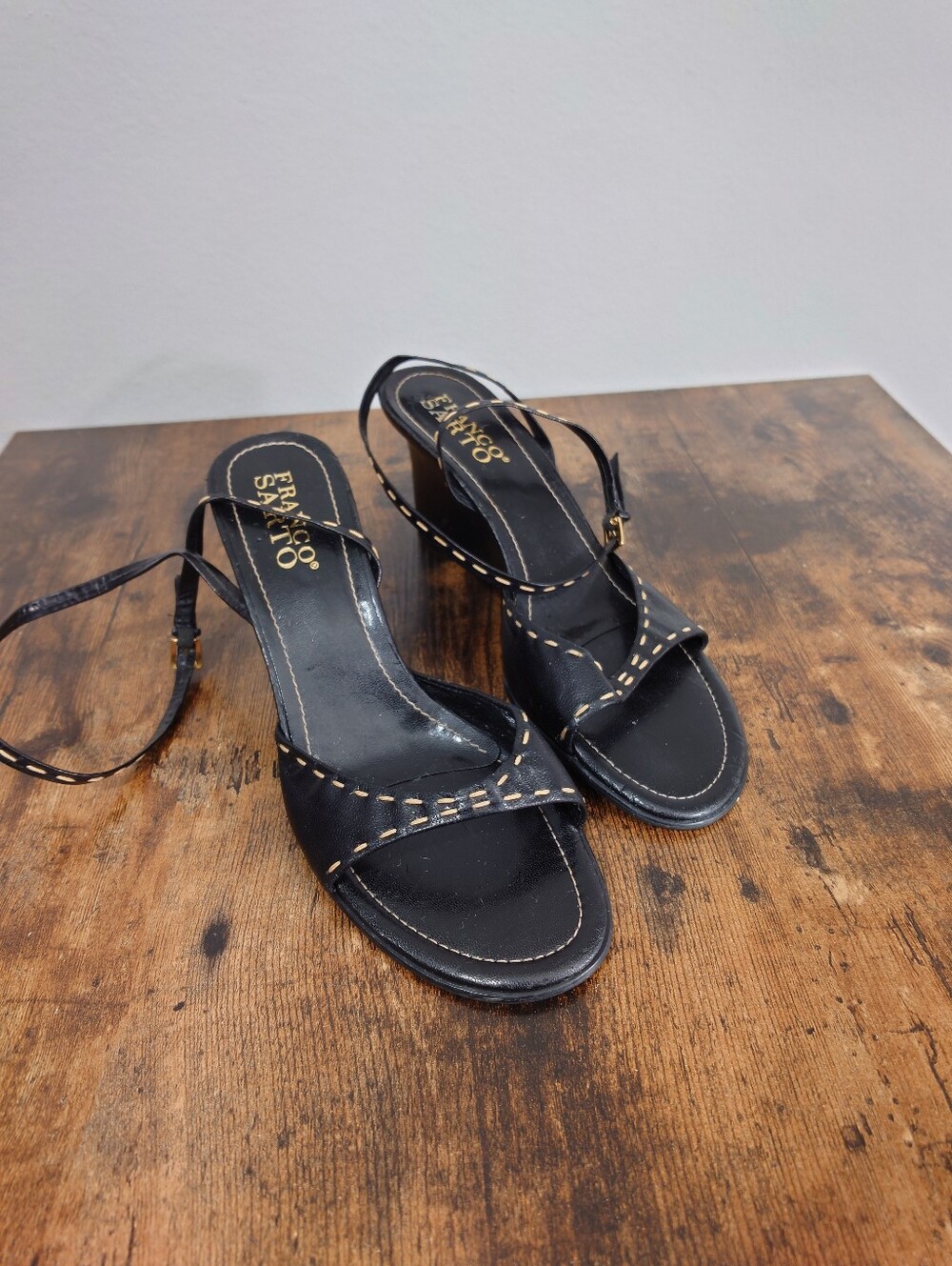 Franco Sarto Black Leather Ankle Strap Wedge Sandals Size 10 - Picture 3 of 5